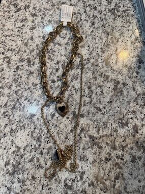 Free People Gold Layered Necklace with Black Heart Pendant